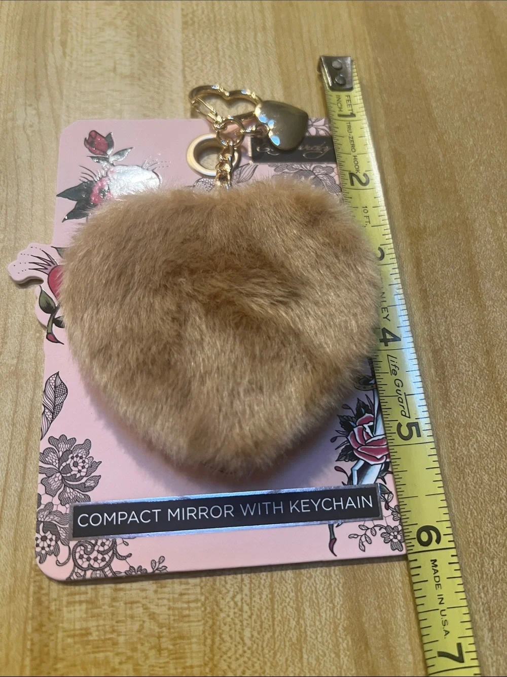 #2814*”4x5” Ed Hardy Tan Faux Fur Heart Keychain Compact Mirror